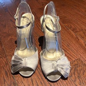 Platinum BP taupe satin ankle strap heels